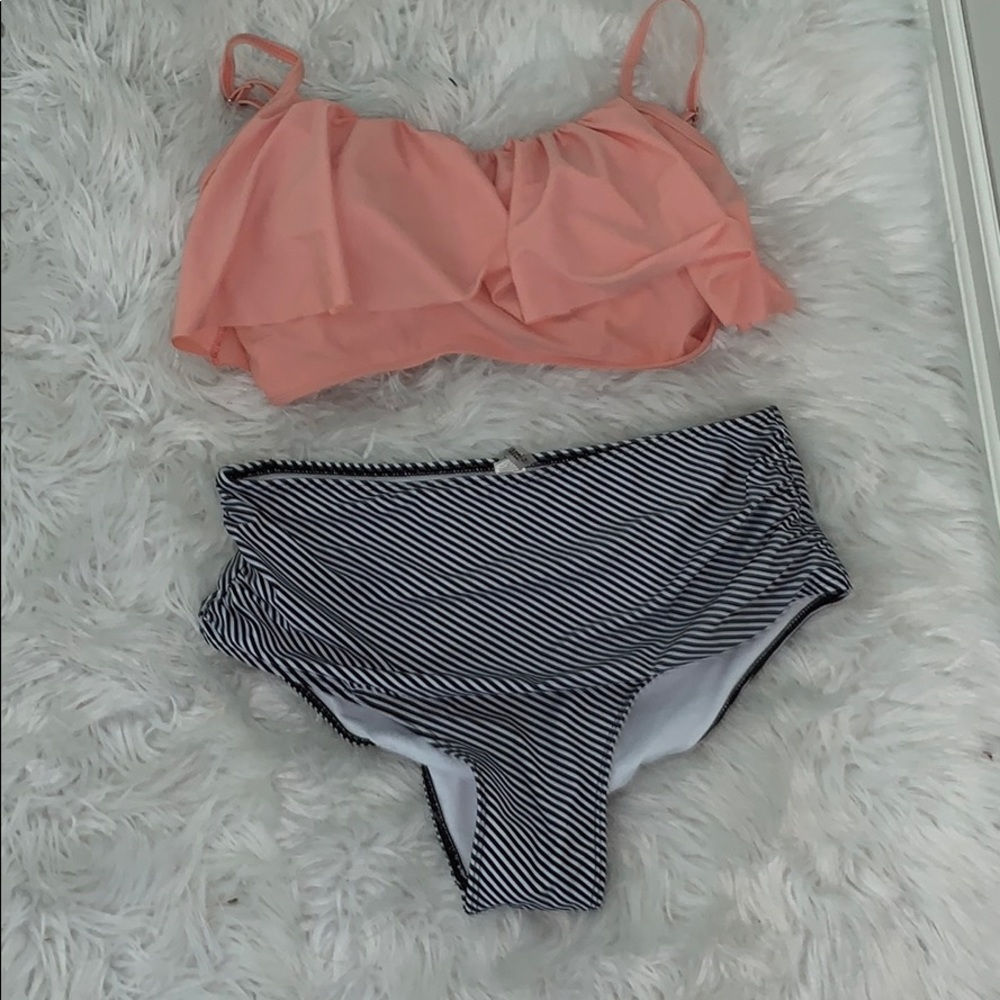 Bikini, high-rise bottoms, ruffled top